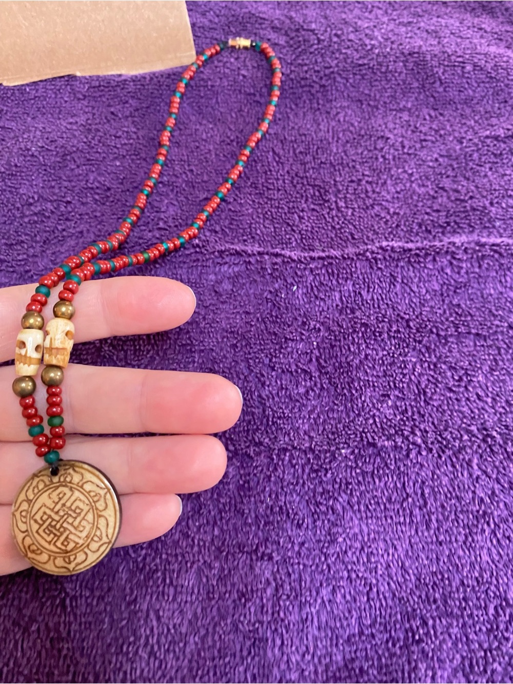 Handcrafted Red and Green Beaded Two-Sided Carved Pendant Necklace